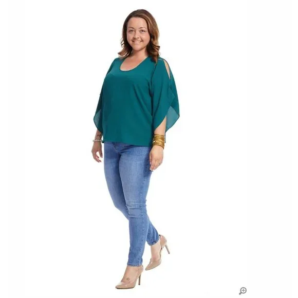 NWT RACHEL RACHEL ROY Flutter Split Sleeve Top 2X Plus Size Blouse Viridian Gree - Picture 1 of 8